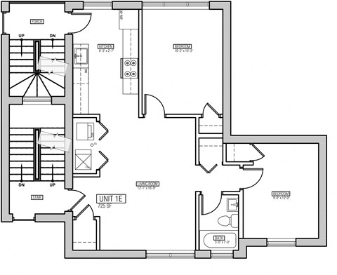 Floor plan for 2 beds, 1 bath, 750 sqft